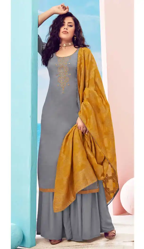Chic Grey Color Pure Viscose Maslin Casual Party Wear Palazzo Suit -8721104545
