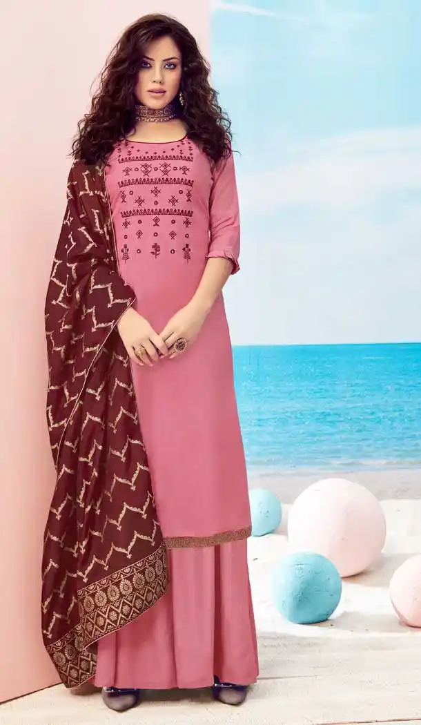 Old Rose Color Pure Viscose Maslin Casual Party Wear Palazzo Suit -8721104547