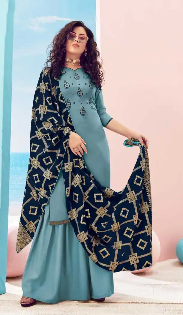 Steel Blue Color Pure Viscose Maslin Casual Party Wear Palazzo Suit -8721104548
