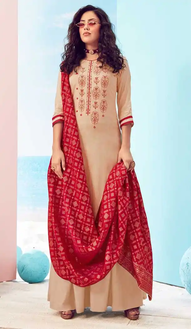 Cream Color Pure Viscose Maslin Casual Party Wear Palazzo Suit -8721104549