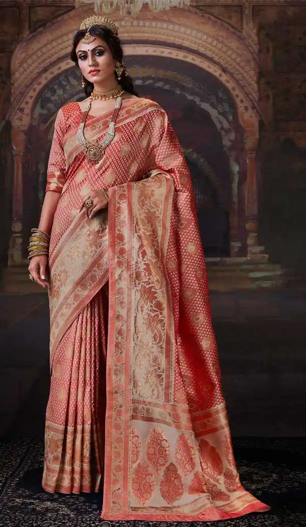 Peach Color Banarasi Silk Designer Classic Wear Saree Blouse -8743104704