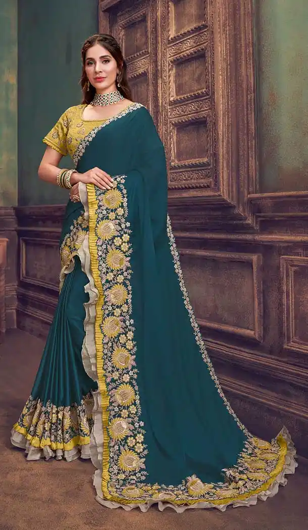 Teal Blue Color Silk Georgette Designer Party Wear Saree Blouse -8745104710