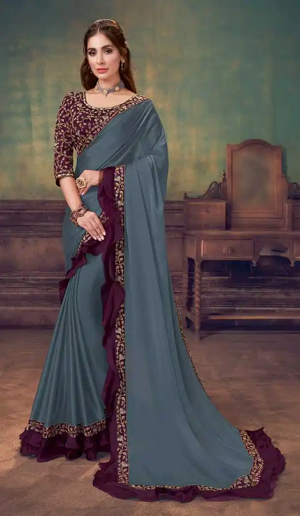 Grey Color Silk Georgette Designer Party Wear Saree Blouse -8745104713