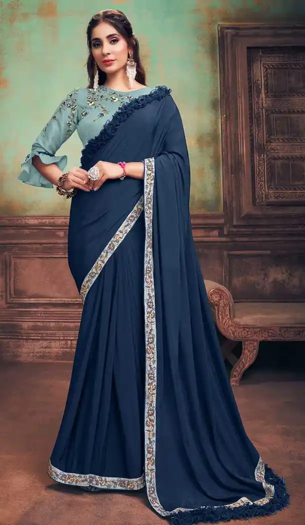 Navy Blue Color Silk Georgette Designer Party Wear Saree Blouse -8745104716