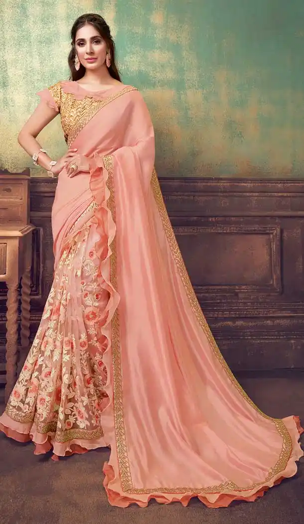Scintillating Peach Color Silk Georgette Designer Party Wear Saree Blouse -8745104720