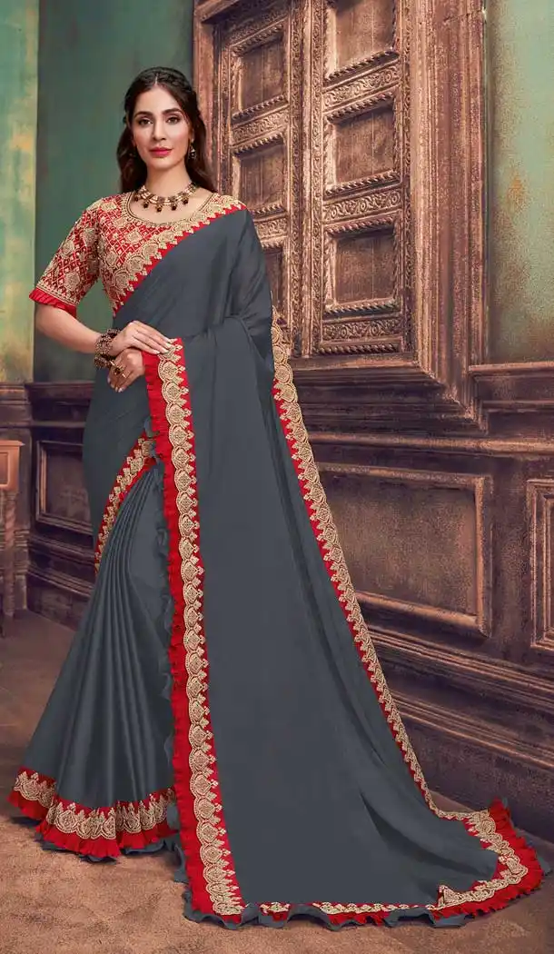Dark Grey Color Silk Georgette Designer Party Wear Saree Blouse -8745104721