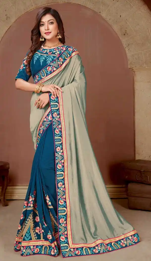 Grey Blue Color Dola Silk Traditional Party Wear Women Saree Blouse -8758104829