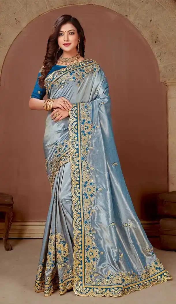 Steel Blue Color Art Silk Traditional Party Wear Women Saree Blouse -8758104831