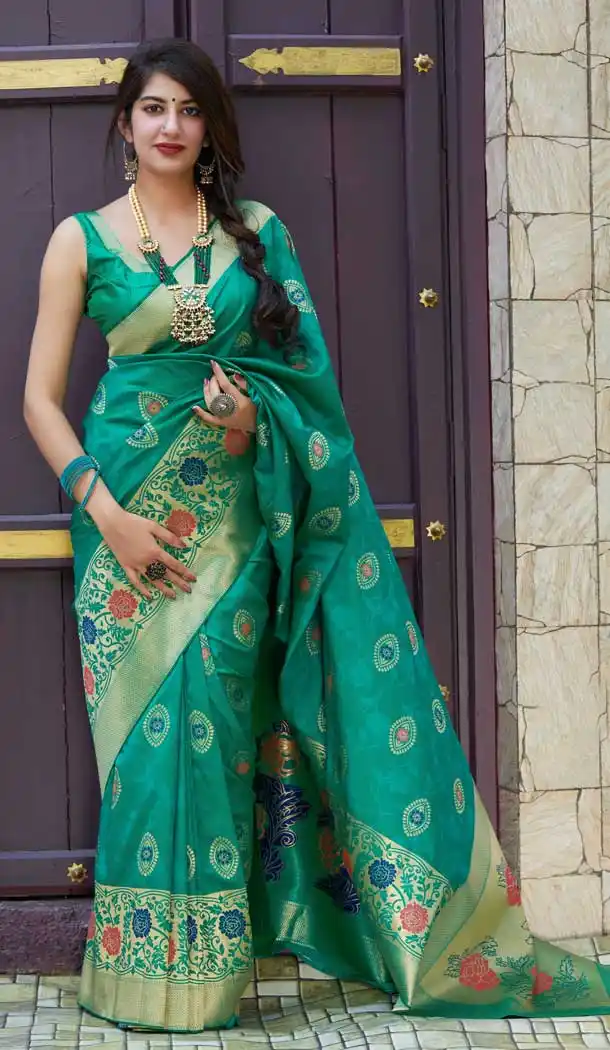 Contemporary Green Color Soft Silk jacquard work Designer Party Wear Saree Blouse -8761104857