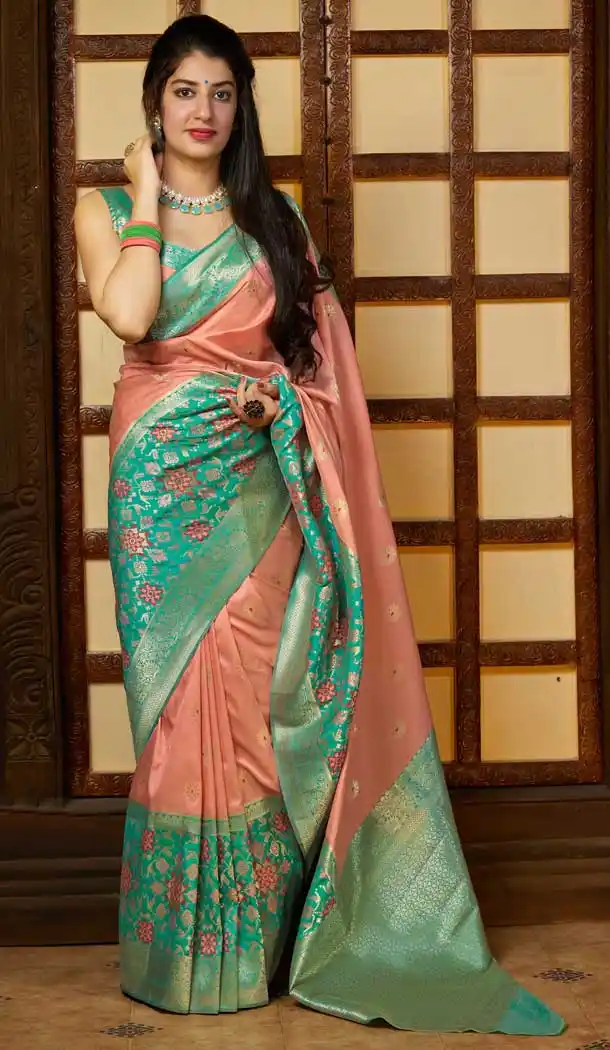 Peach Green Color Soft Silk jacquard work Designer Party Wear Saree Blouse -8761104860