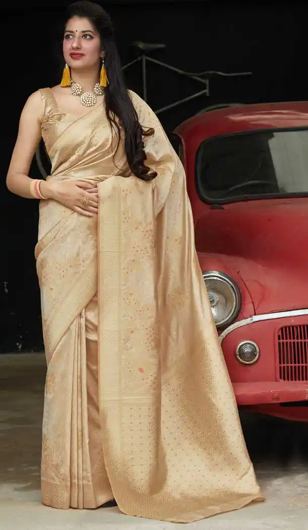 Cream Color Soft Silk jacquard work Designer Party Wear Saree Blouse -8761104868