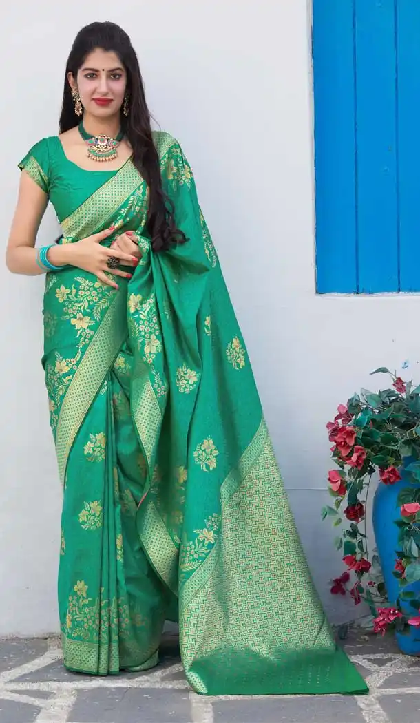 Contemporary Green Color Soft Silk jacquard work Designer Party Wear Saree Blouse -8761104869