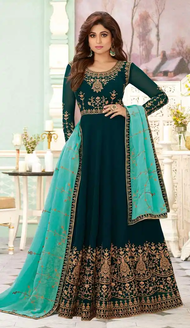 Bottel Green Color Real Georgette Heavy Designer Wear Aanarkali Suit -8749104749