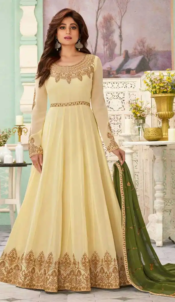 Cream Color Real Georgette Heavy Designer Wear Aanarkali Suit -8749104752