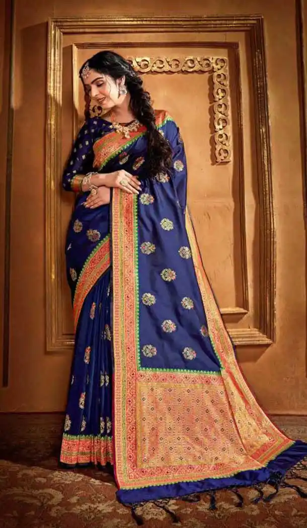 Attractive Blue Color Silk Weaving With Jacquard Work Designer Saree Blouse -8765104919