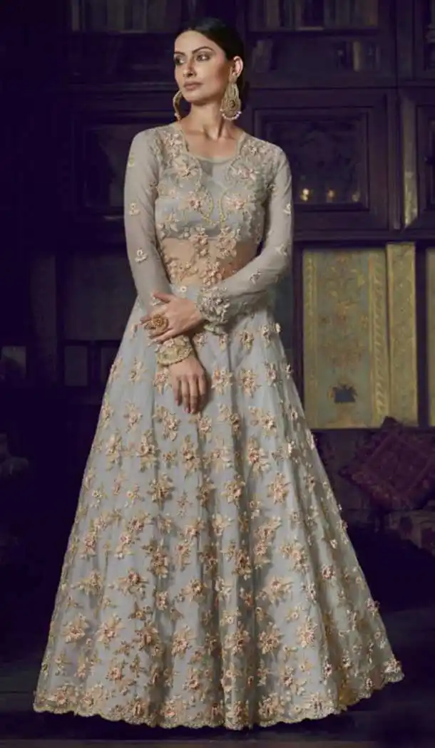 Grey Color Super Net Heavy Designer Party Wear Aanarkali Salwar Suit -8792105127