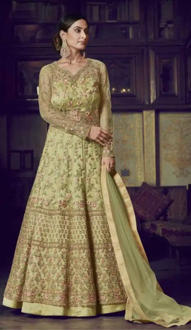 Lemon Color Super Net Heavy Designer Party Wear Aanarkali Salwar Suit -8792105129