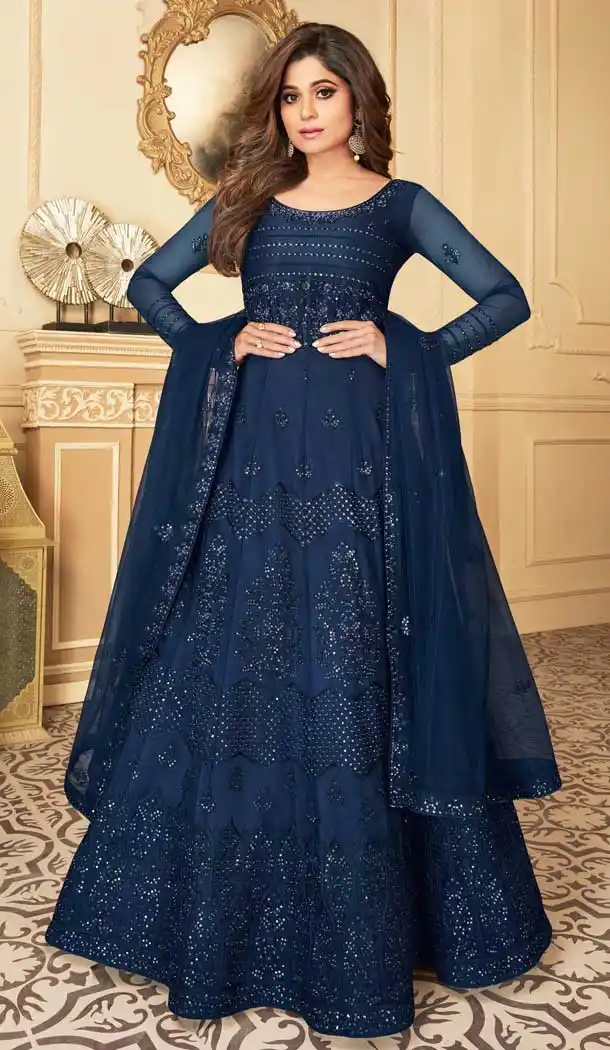 Navy Blue Color Butterfly Net Designer Party Wear Aanarkali Salwar Suit -8804105215