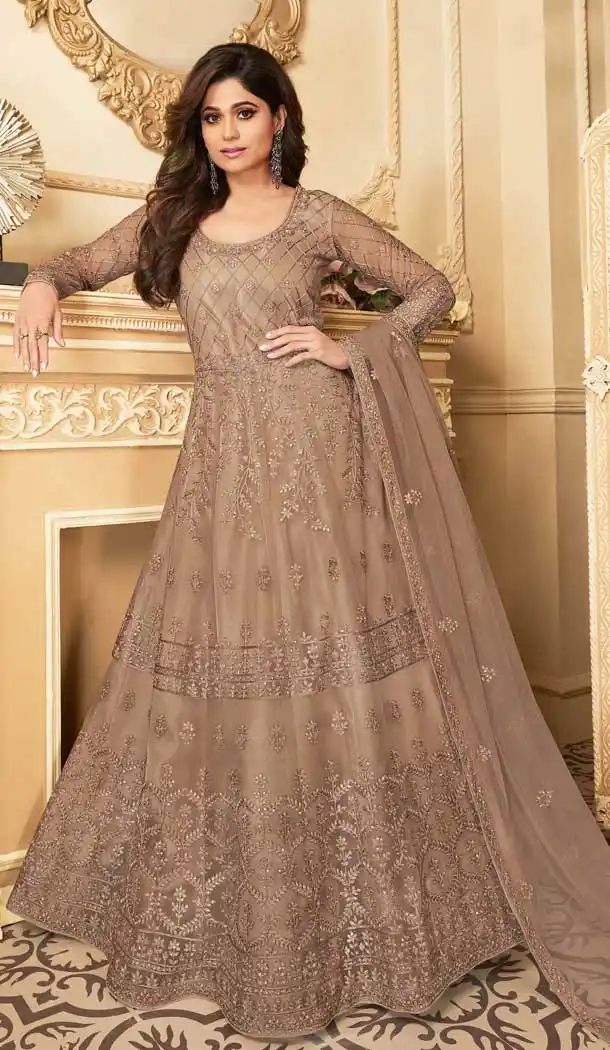 Glamorous Beige Color Butterfly Net Designer Party Wear Aanarkali Salwar Suit -8804105217