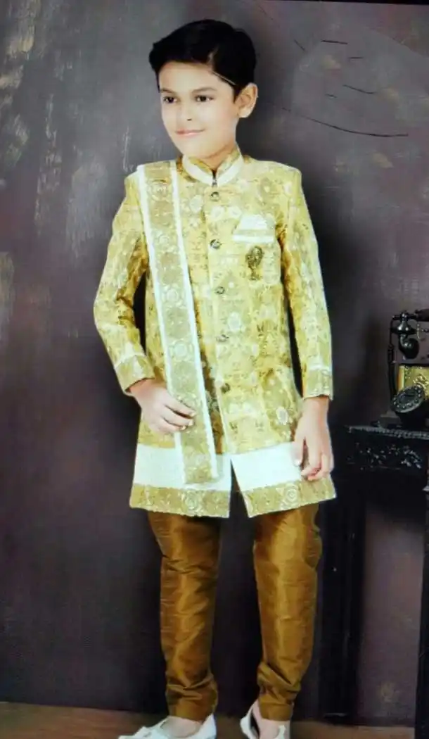 Pista Color Fancy Heavy Jacquard Designer Ready Made Kids Boy Sherwani -8809105269