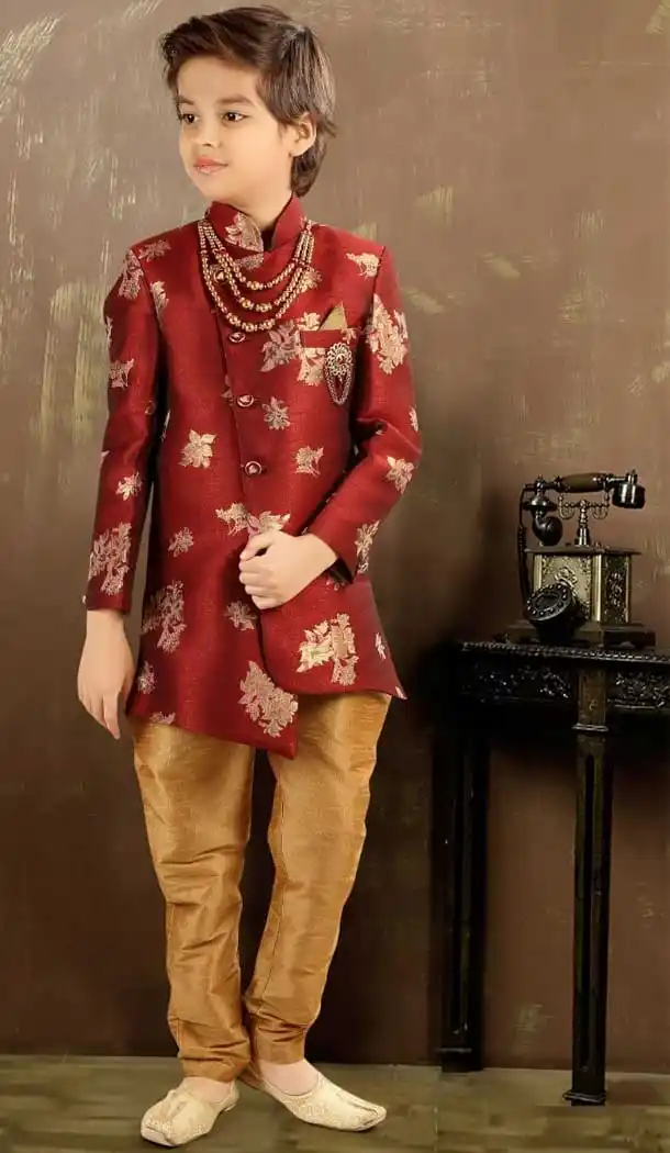 Maroon Color Fancy Heavy Jacquard Designer Ready Made Kids Boy Sherwani -8809105270