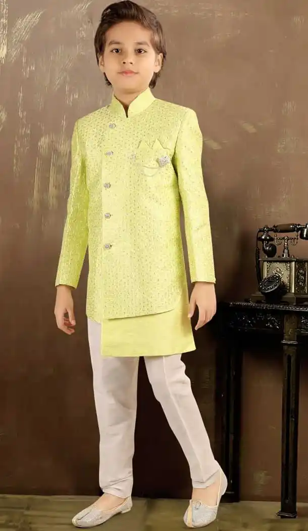 Lemon Color Fancy Raw Silk Designer Ready Made Kids Boy Sherwani -8809105271
