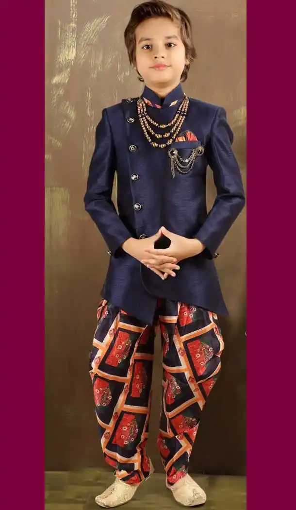 Navy Blue Color Raw Silk Designer Ready Made Kids Boy Sherwani -8809105272