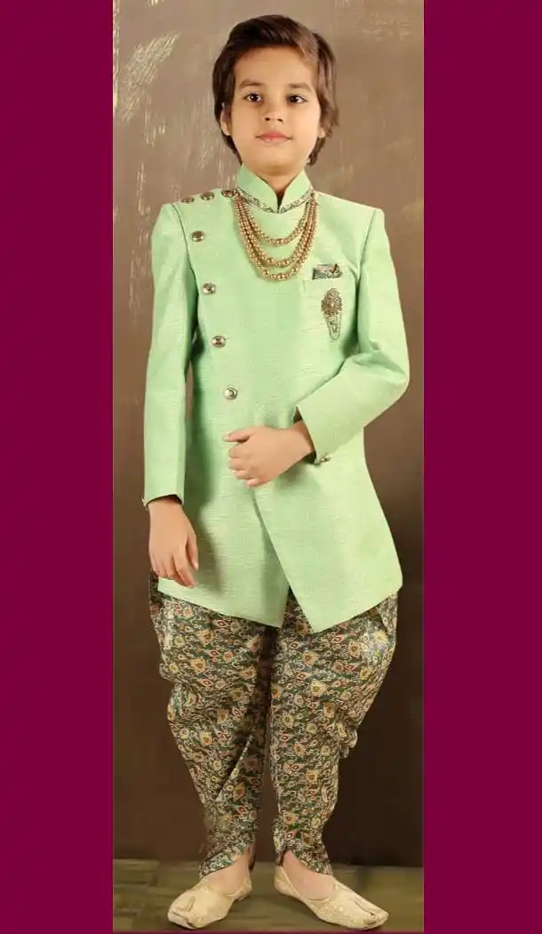 Parrot Green Color Raw Silk Designer Ready Made Kids Boy Sherwani -8809105274