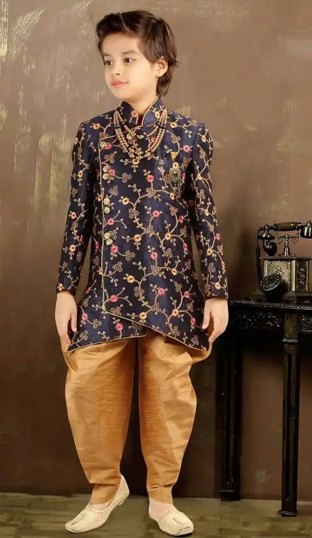 Navy Blue Color Raw Silk Designer Ready Made Kids Boy Sherwani -8809105275