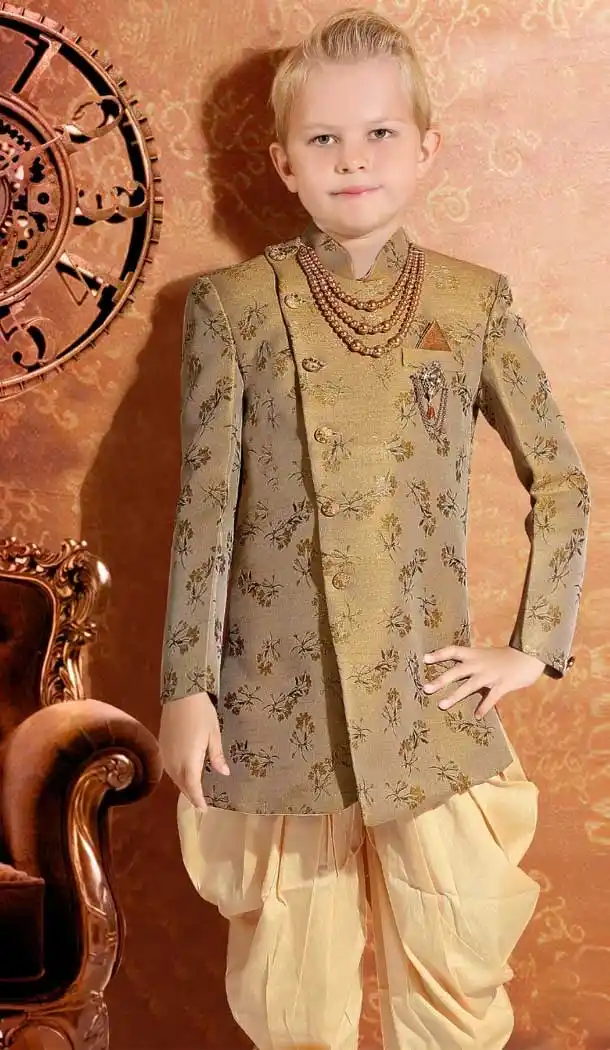 Beige Color Fancy Jacquard Designer Ready Made Kids Boy Sherwani -8809105276