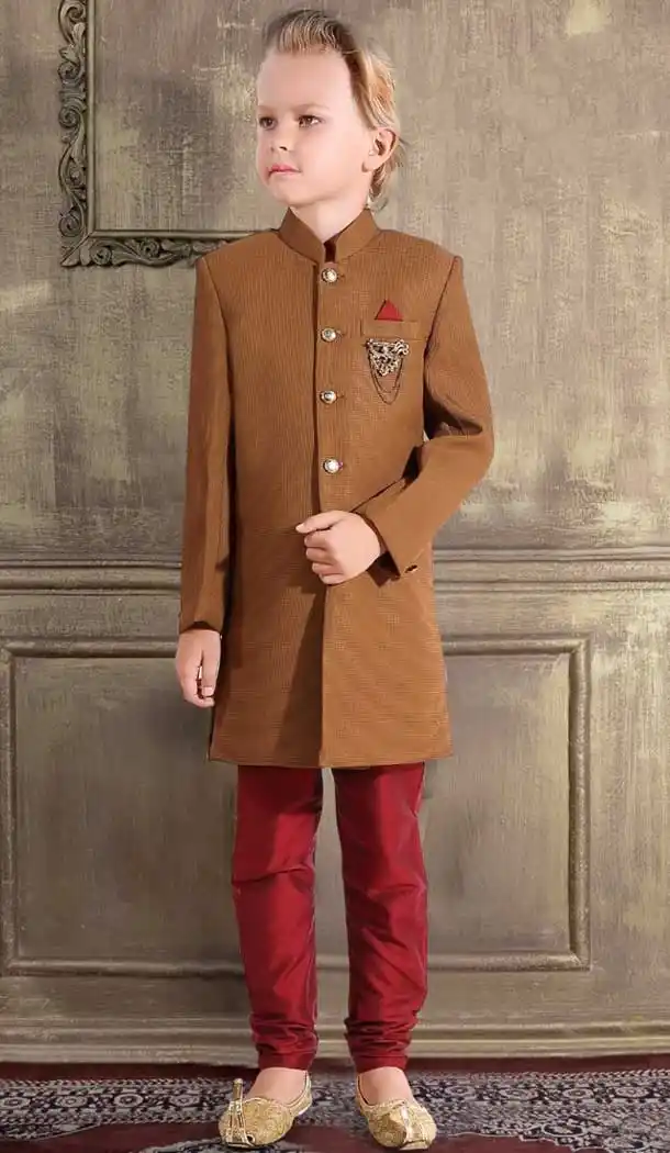 Brown Color Terry Rayon Designer Ready Made Kids Boy Sherwani -8809105277