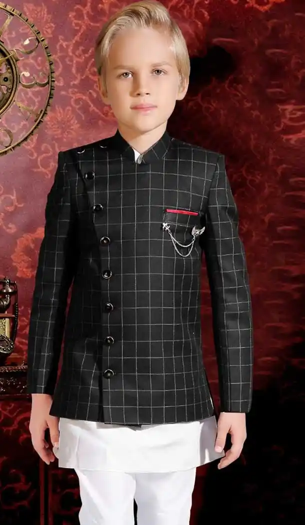 Black Color Chex Terry Rayon Designer Ready Made Kids Boy Sherwani -8809105279