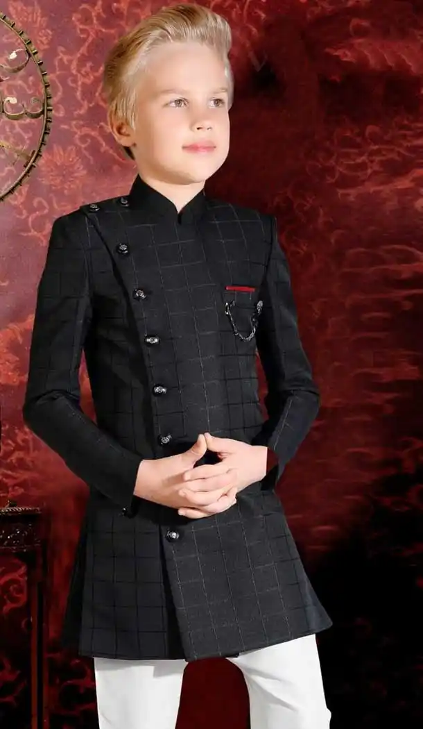 Black Color Chex Terry Rayon Designer Ready Made Kids Boy Sherwani -8809105280
