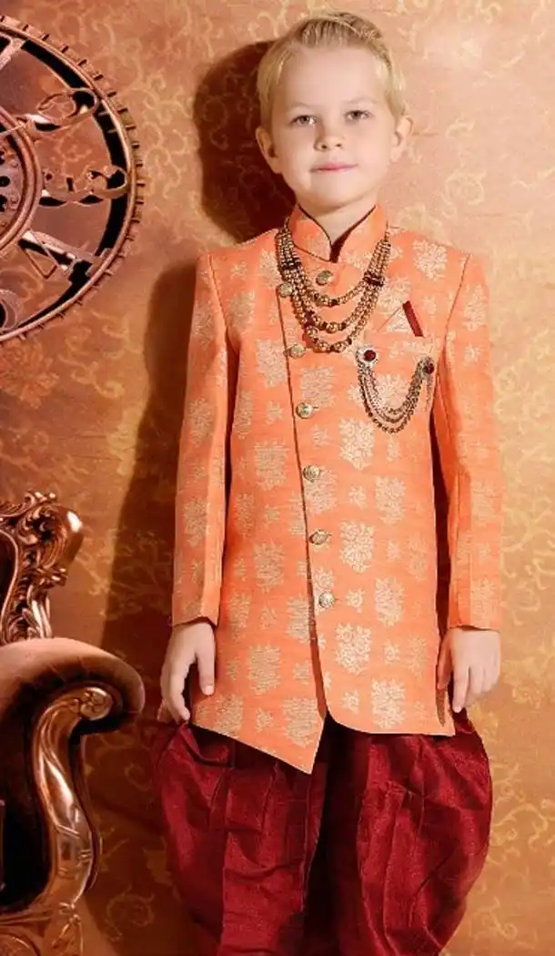 Peach Color Fancy Jacquard Designer Ready Made Kids Boy Sherwani -8809105282
