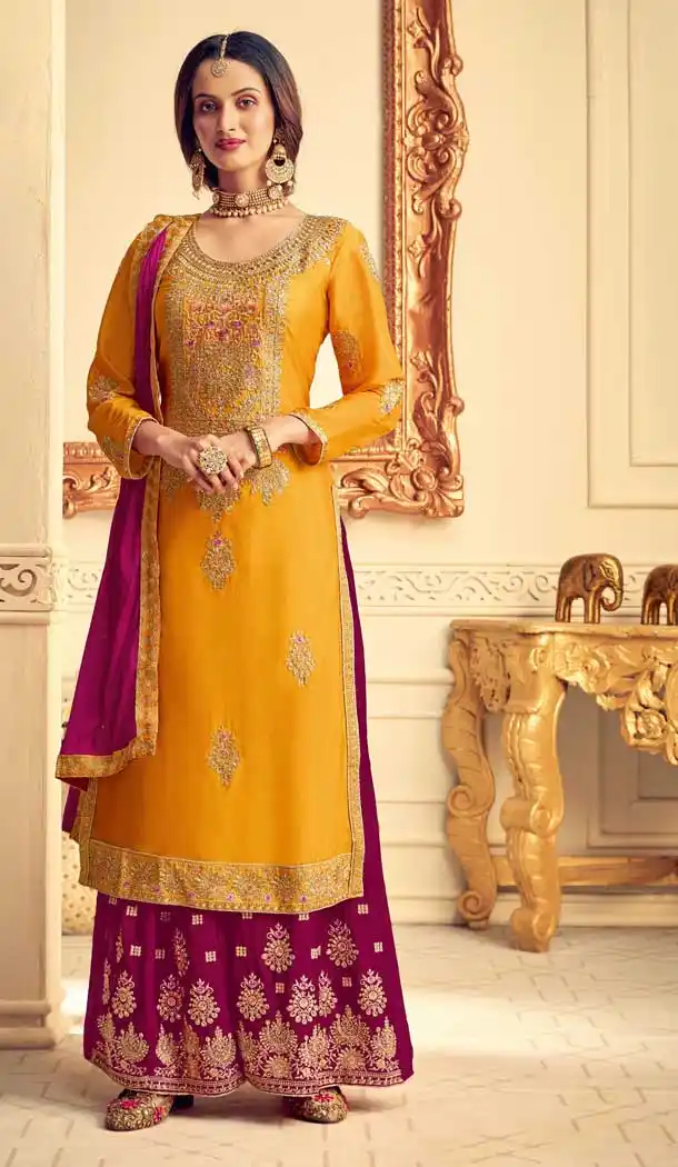 Scintillating Yellow Color Pure Chinon Designer Party Wear Palazzo Salwar Suit -8817105315
