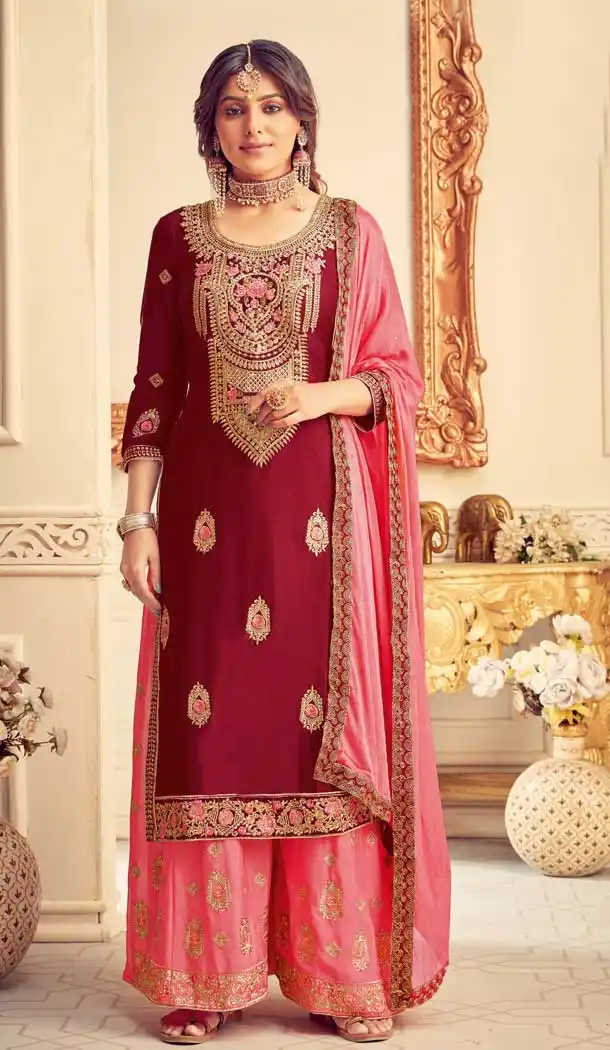 Contemporary Maroon Color Pure Chinon Designer Party Wear Palazzo Salwar Suit -8817105316
