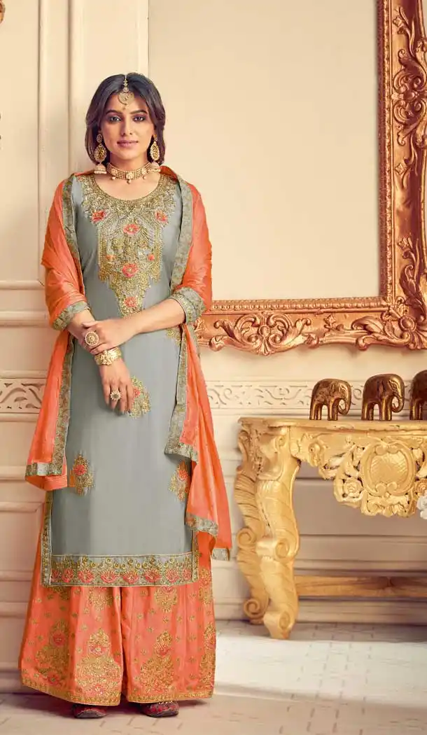 Contemporary Grey Color Pure Chinon Designer Party Wear Palazzo Salwar Suit -8817105317