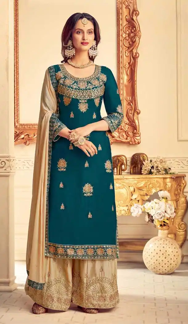 Rama Green Color Pure Chinon Designer Party Wear Palazzo Salwar Suit -8817105318