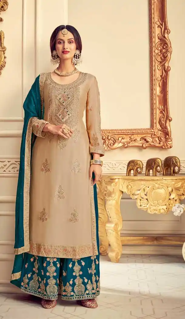Vivacious Beige Color Pure Chinon Designer Party Wear Palazzo Salwar Suit -8817105319