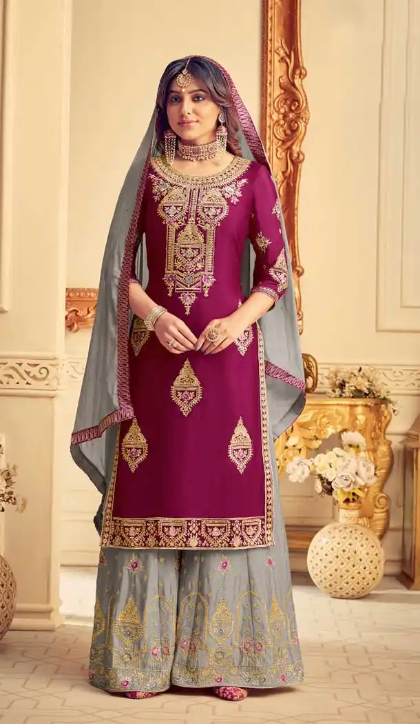 Magenta Color Pure Chinon Designer Party Wear Palazzo Salwar Suit -8817105320