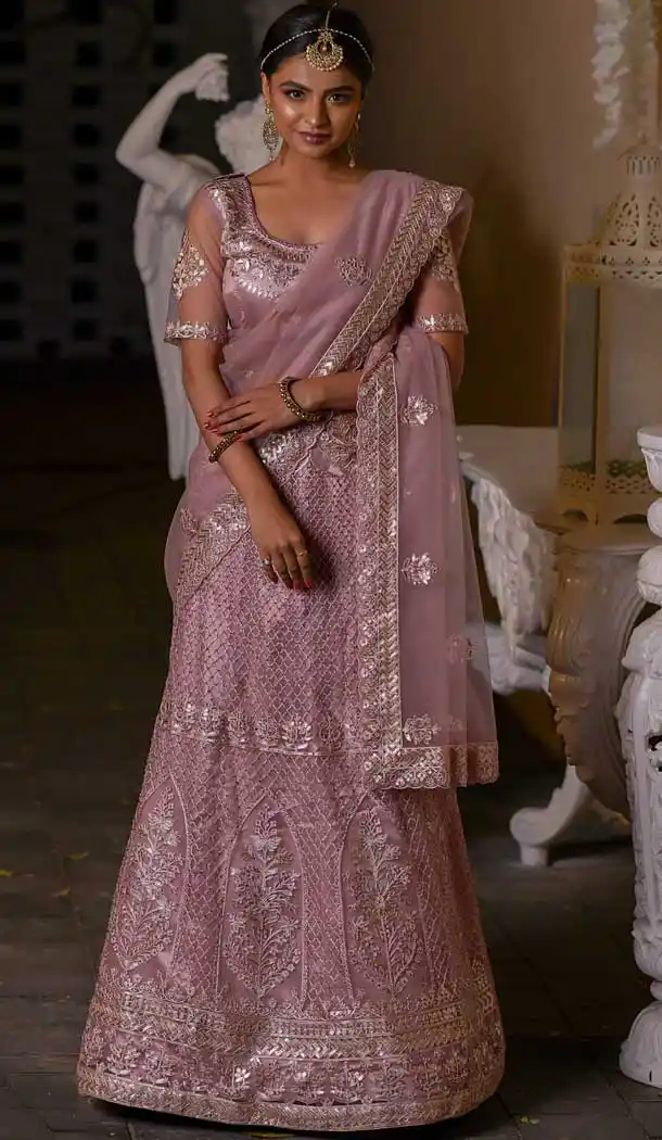 Old Rose Pink Color Net Heavy Designer Bridal Wedding Wear Women Lehenga Choli -8819105326