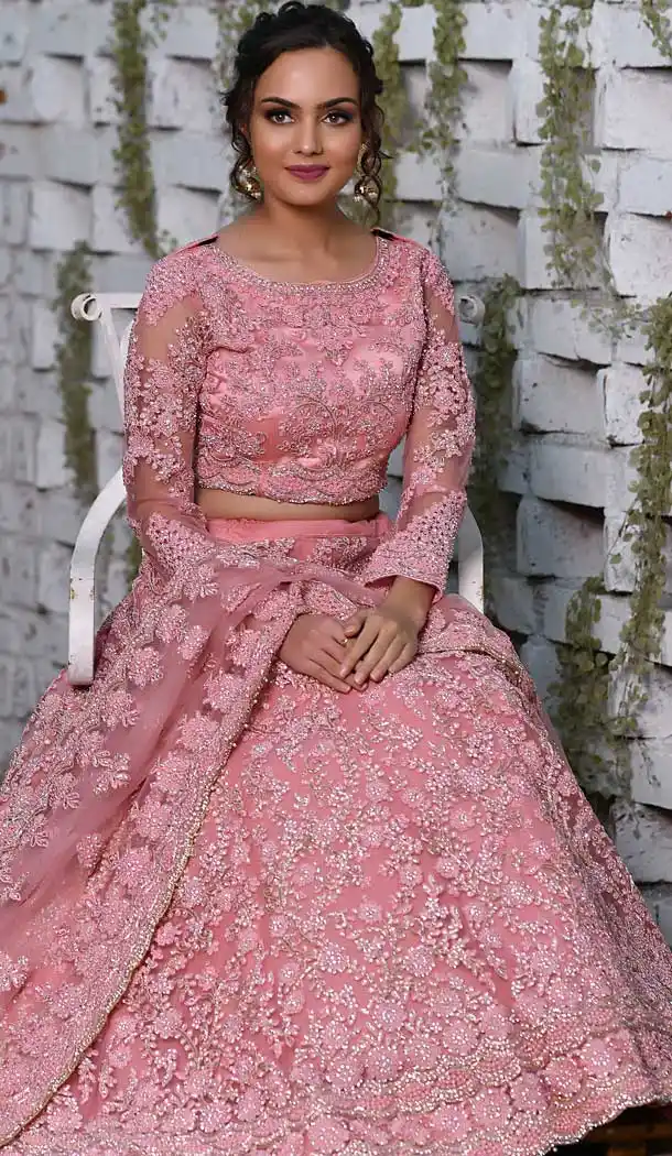 Light Pink Color Net Heavy Designer Bridal Wedding Wear Women Lehenga Choli -8819105327
