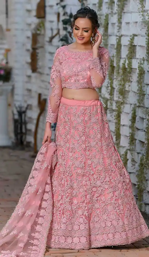 Light Pink Color Net Heavy Designer Bridal Wedding Wear Women Lehenga Choli -8819105327