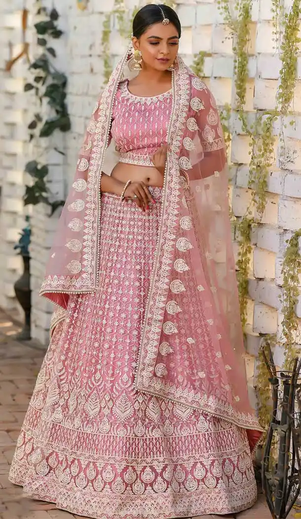 Light Pink Color Net Heavy Designer Bridal Wedding Wear Women Lehenga Choli -8819105330