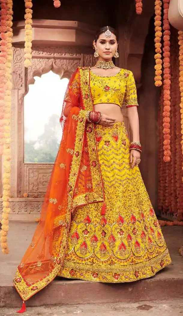 Fancy Yellow Color Silk Heavy Designer Bridal Wedding Women Lehenga Choli -8847105570