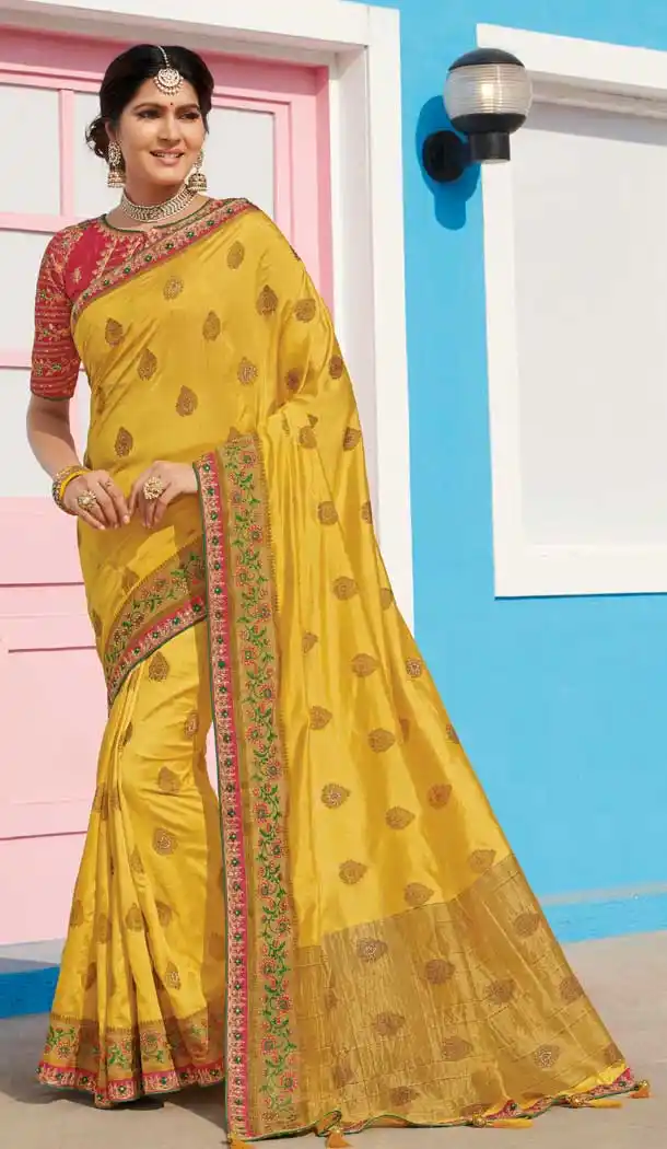 Yellow Color Raw Silk Designer Traditional Wear Saree Blouse -8880105887