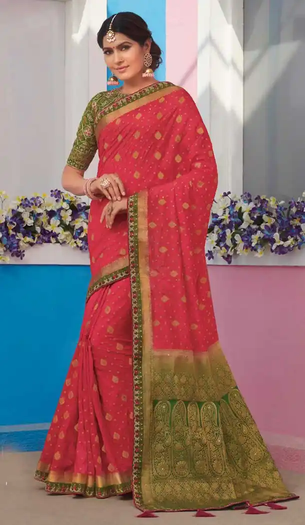 Redish Pink Color Raw Silk Designer Traditional Wear Saree Blouse -8880105889