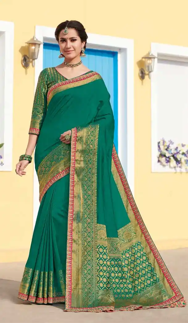 Green Color Raw Silk Designer Traditional Wear Saree Blouse -8880105895