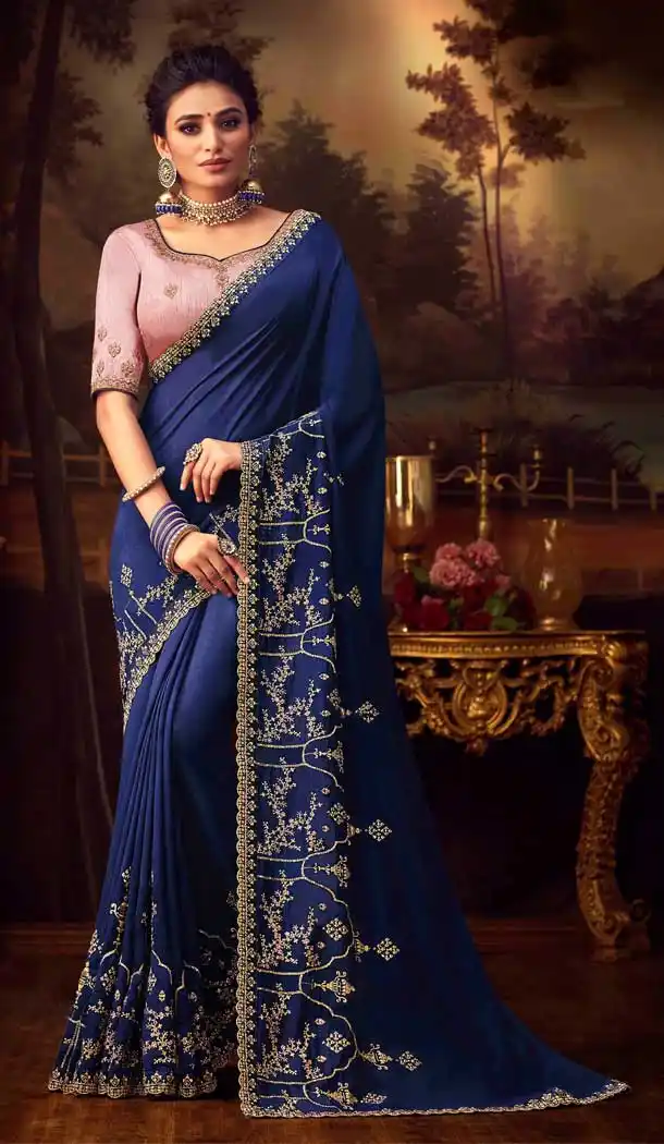 Blue Color Vichitra Silk Heavy Designer Party Wear Saree Blouse -8892106060