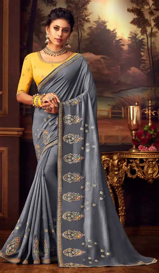 Grey Color Vichitra Silk Heavy Designer Party Wear Saree Blouse -8892106061